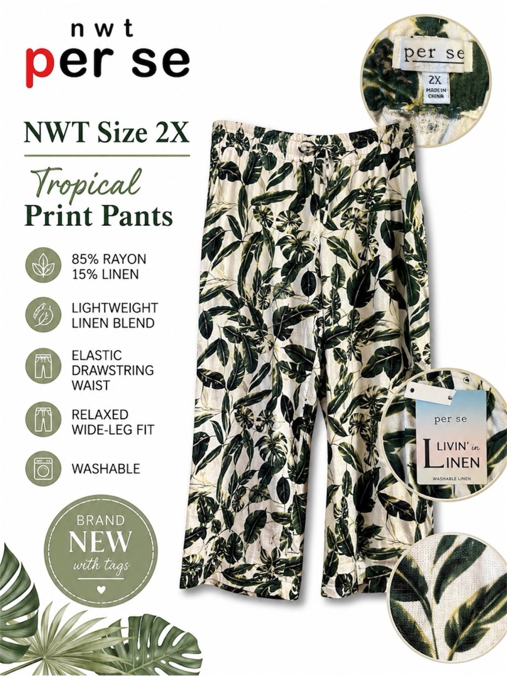 NWT Per Se Green and Ivory Linen Blend Pants Size 2X Wide Leg Casual Vacation